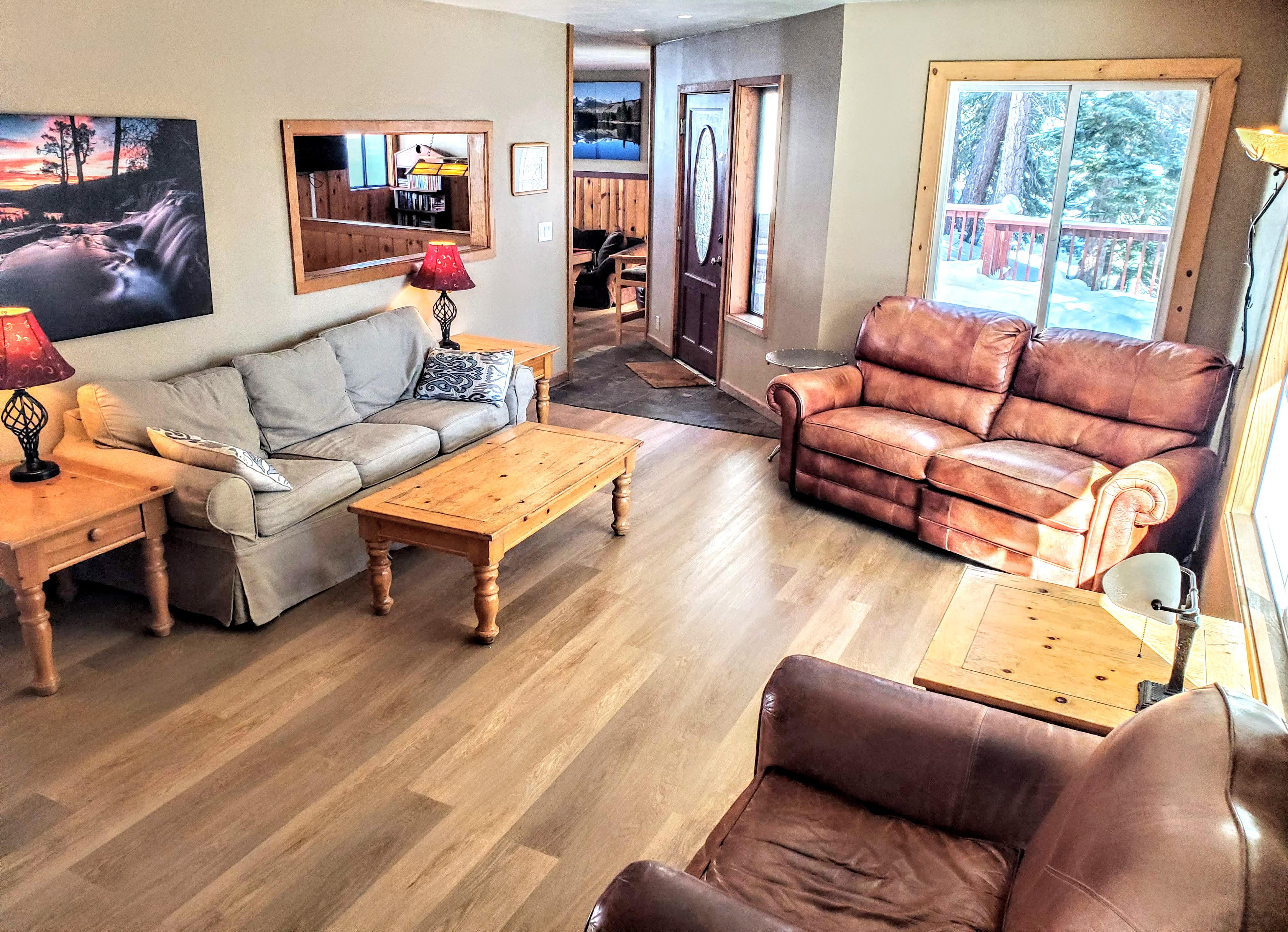 Relax and enjoy a fire as you overlook forested snow-capped mountain ranges and Heavenly Ski Area.